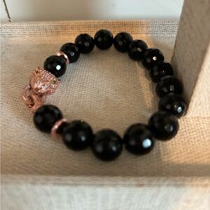 Black agate Beaded Bracelet with Panther Rose Gold Accents